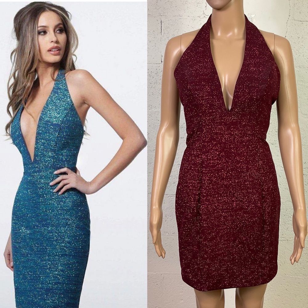 NEW JOVANI Style:66539 wine plunging halter neck glitter sheath cocktail dress 2